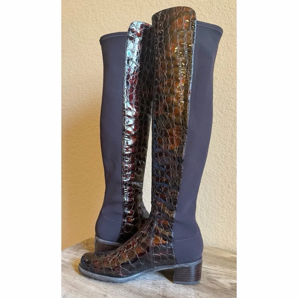 Stuart Weitzman Reserve Over The Knee Boots Croc Embossed Patented Leather